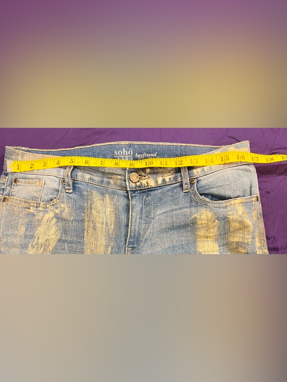 Soho New York & Co Boyfriend Jeans Gold Foil Metallic Raw Hem Size 10 - Picture 5 of 8